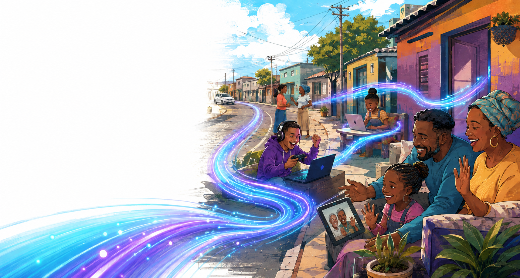 A playful illustrated MTD-connected township street with homes, learners, families and local businesses online